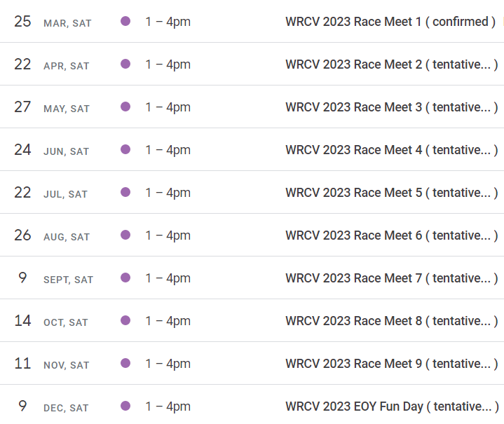 Race Calendar Whippet Racing Club of Victoria